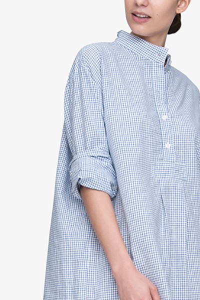 Short Sleep Shirt Blue Check Linen Blend