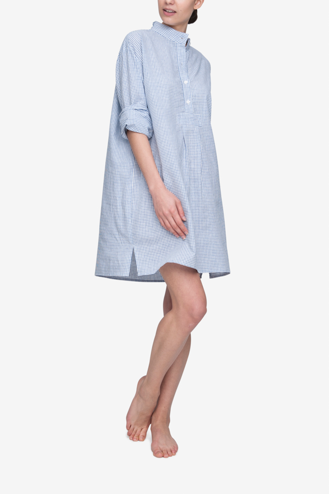 front view classic short sleep shirt blue white check cotton linen blend by the Sleep Shirt