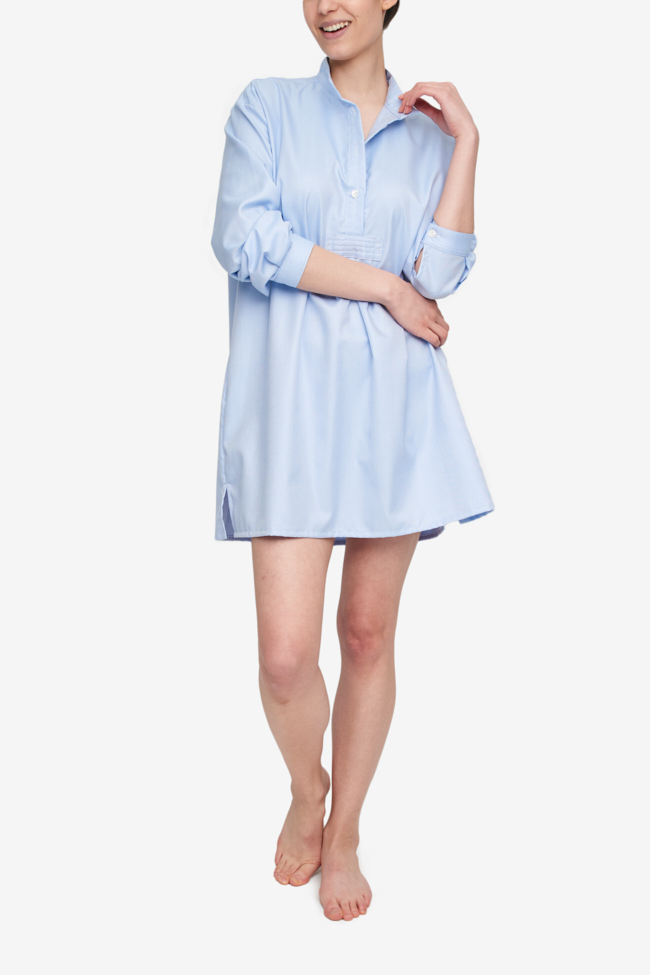 Short Sleep Shirt Blue Cotton Chevron