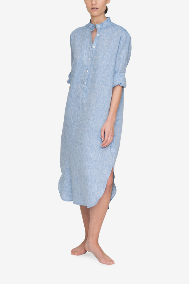 Front view Ankle Length Sleep Shirt Blue Linen by the Sleep Shirt