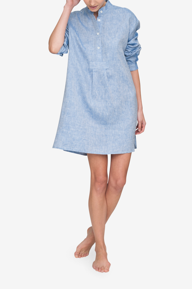 front view of classic short sleep shirt in blue linen by The Sleep Shirt