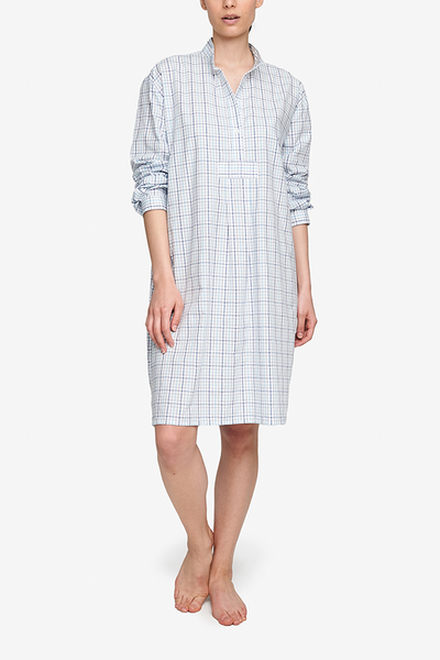 Long cotton nightdress in a high-quality 100% cotton shirting with blue check on a white base. Long sleeves, made in canada.