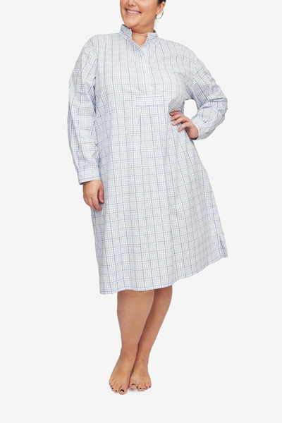 Long cotton nightdress in a high-quality 100% cotton shirting with blue check on a white base. Long sleeves, made in canada. X Plus extended size best-selling classic long sleep shirt.