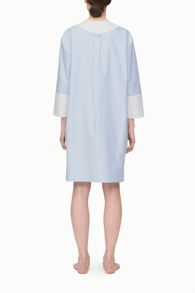 back view knee length v-neck shirt dress blue oxford stripe cotton by the Sleep Shirt