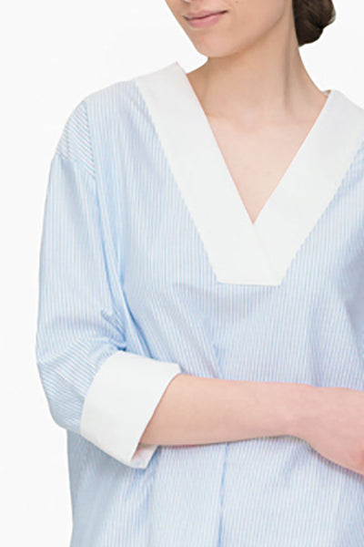 knee length v-neck shirt dress blue oxford stripe cotton by the Sleep Shirt