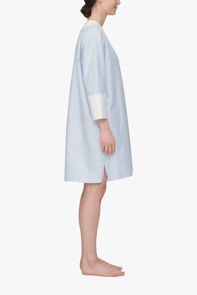 V Neck Sleep Shirt Blue Oxford Stripe with White Oxford Contrast