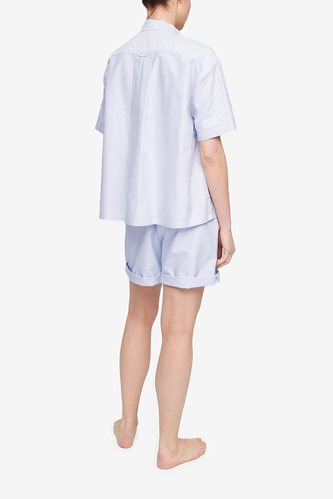 Set - Short Sleeve Cropped Sleep Shirt and Lounge Short Blue Oxford Stripe