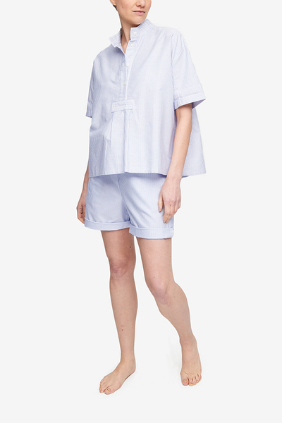 Set - Short Sleeve Cropped Sleep Shirt and Lounge Short Blue Oxford Stripe