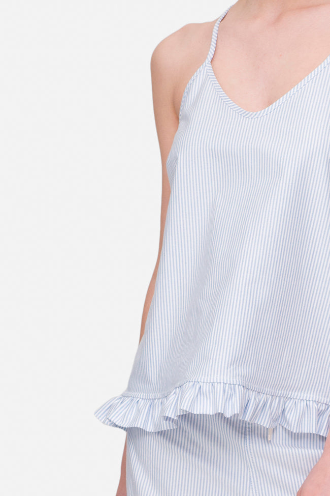 camisole tank top with ruffle hem in blue oxford stripe cotton by the Sleep Shirt pajama set