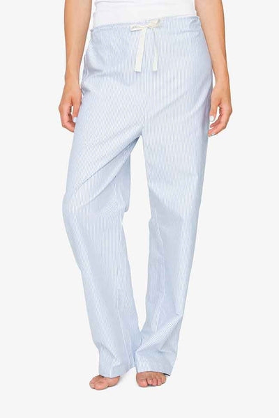 front view blue oxford stripe cotton lounge pants by the sleep shirt