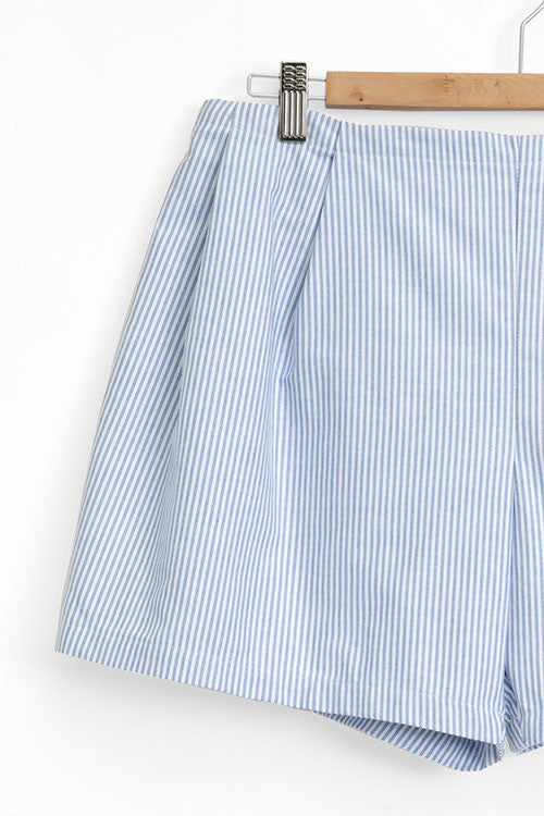 pleated shorts blue oxford stripe cotton by the Sleep Shirt on hanger