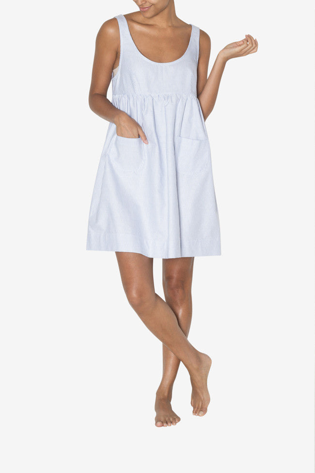 front view knee length pocket nightie blue oxford stripe cotton by the sleep shirt