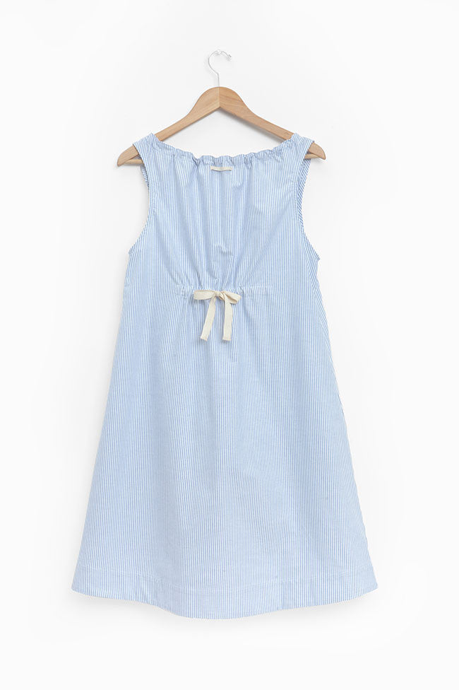 front view sleeveless adjustable neckline nightie nightgown blue oxford stripe cotton on hanger by the Sleep Shirt