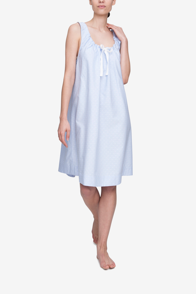 front view sleeveless adjustable neckline nightie nightgown blue oxford cotton with white dots by the Sleep Shirt