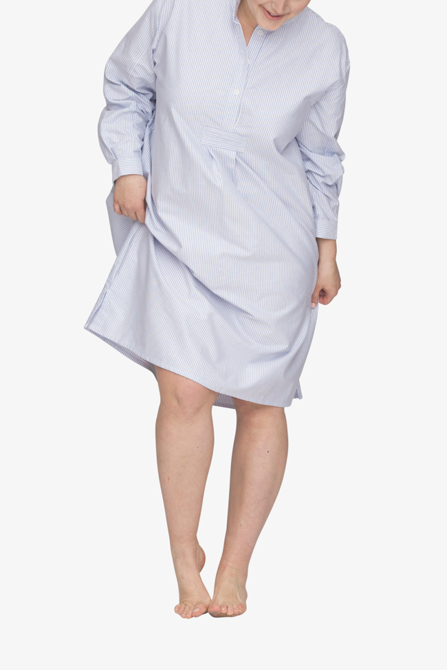 front view plus size classic long sleep shirt blue oxford stripe cotton by the Sleep Shirt