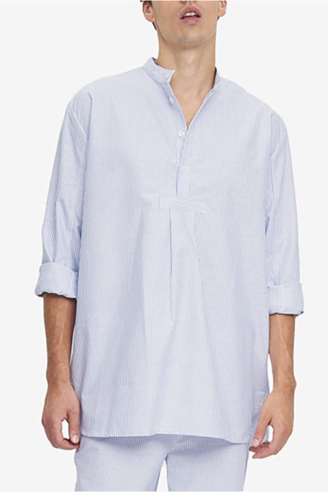 Popover style men's pyjama shirt with long sleeves. Made in our best-selling blue and white oxford stripe cotton shirting.