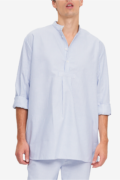 Popover style men's pyjama shirt with long sleeves. Made in our best-selling blue and white oxford stripe cotton shirting.