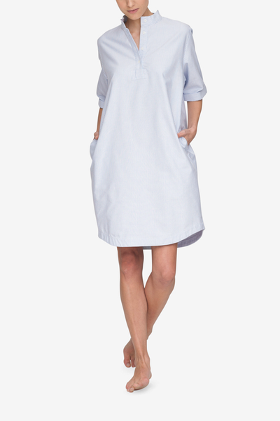 front view of mid sleeve sleep shirt in blue oxford stripe cotton by The Sleep Shirt