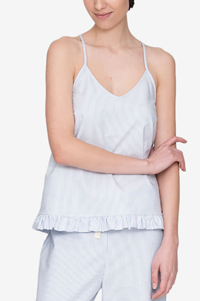 camisole tank top short with ruffle hem pajama set blue oxford stripe cotton by the Sleep Shirt