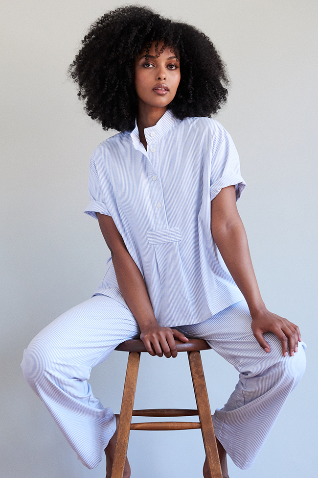 Set - Short Sleeve Cropped Sleep Shirt and Lounge Pant Blue Oxford Stripe