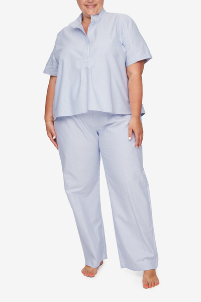 Set - Short Sleeve Cropped Sleep Shirt and Lounge Pant Blue Oxford Stripe