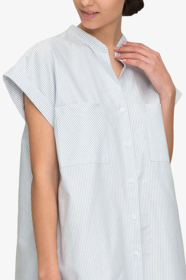front view knee length button down tshirt with pockets in blue oxford stripe cotton by the Sleep Shirt