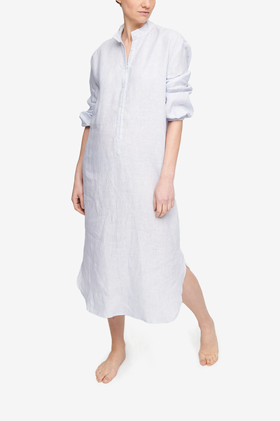 Mid-calf length chemise made of blue and white linen. Ethically made in canada. Plus size available.