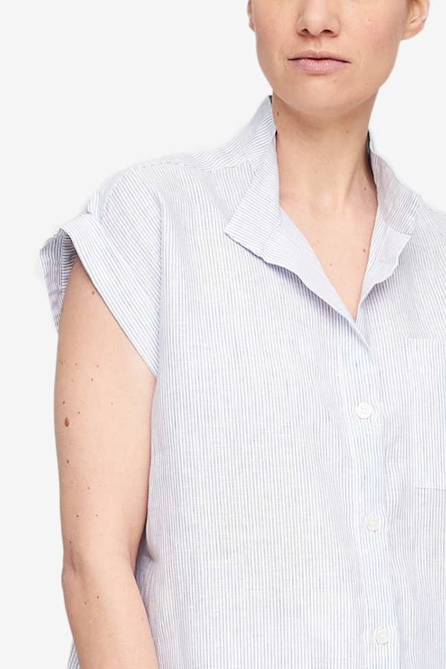 Cuffed Sleeve Shirt Blue Pinstripe Linen