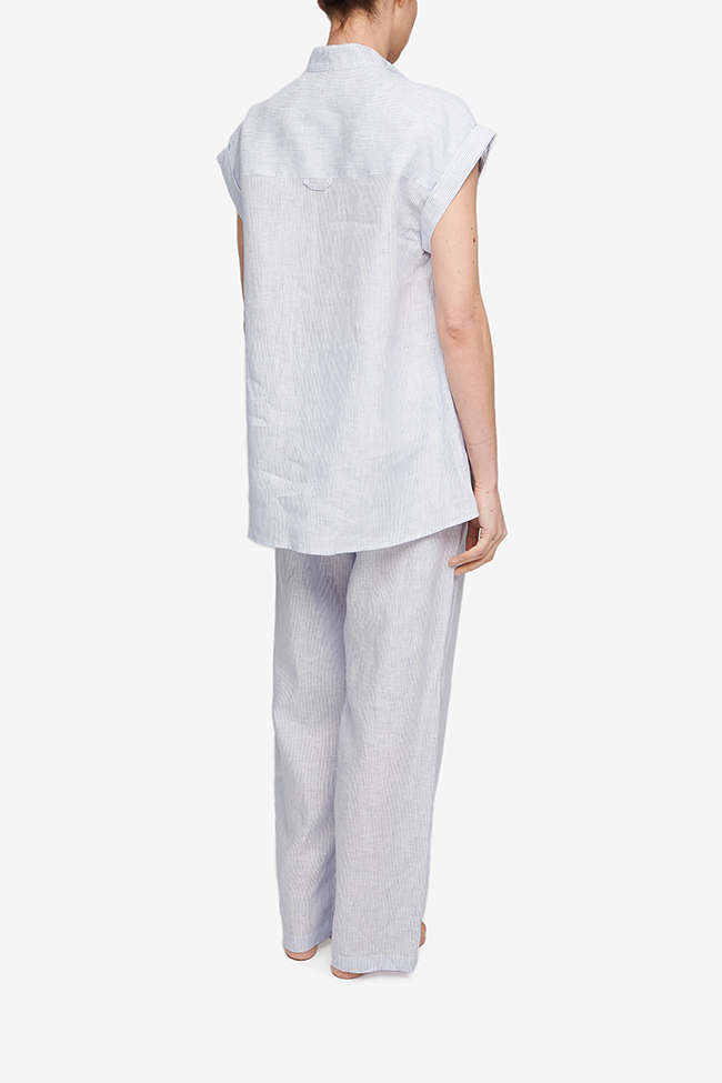 Set - Cuffed Sleep Shirt and Lounge Pant Blue Pinstripe Linen
