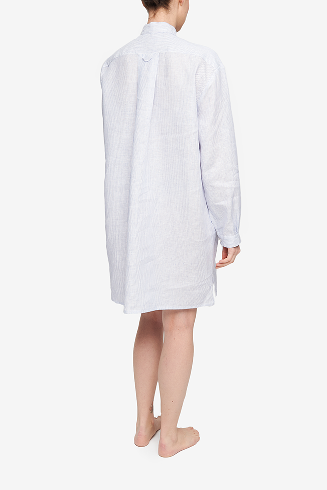 Short Sleep Shirt Blue Pinstripe Linen