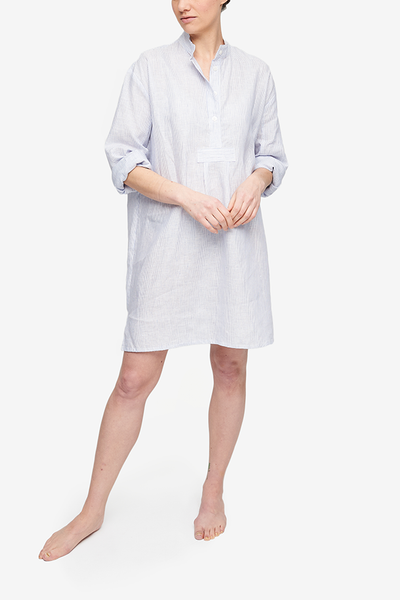 Short Sleep Shirt Blue Pinstripe Linen