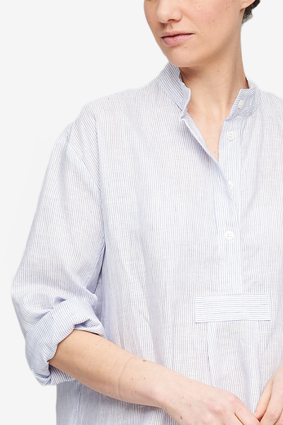 Short Sleep Shirt Blue Pinstripe Linen
