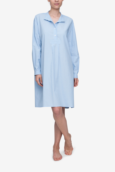 front view classic long sleep shirt blue with white stripe seersucker cotton by the Sleep Shirt