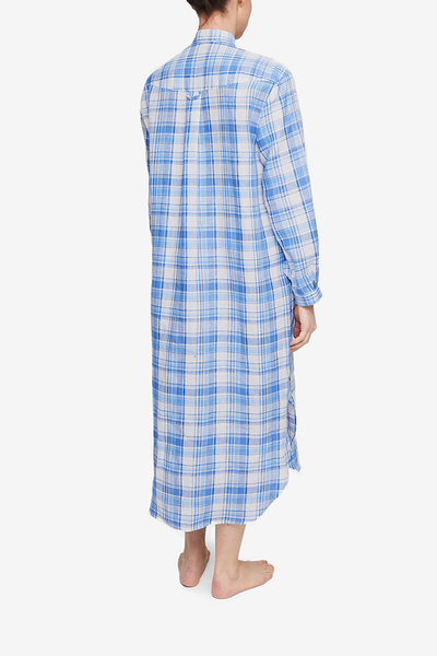 Ankle Length Sleep Shirt Blue Plaid Linen