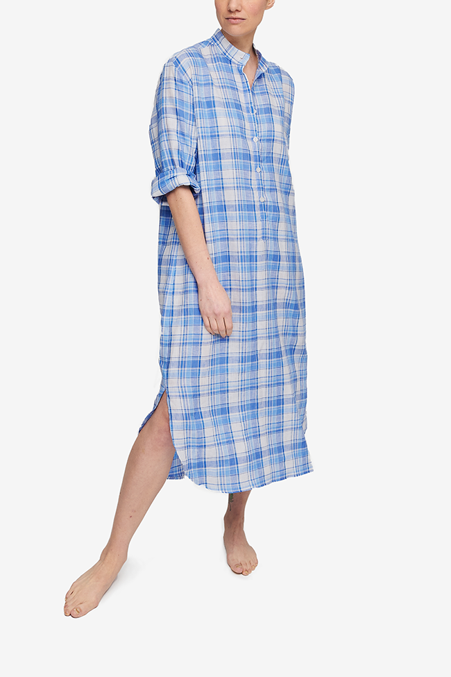 Modern Sleep shirt with long sleeves and a curved hem. Blue and white check plaid made from high quality linen.. Made in canada.