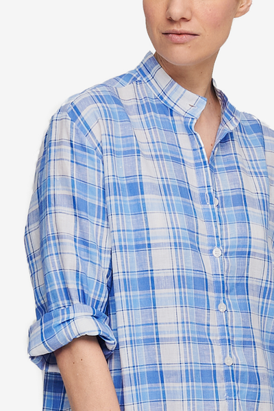 Ankle Length Sleep Shirt Blue Plaid Linen