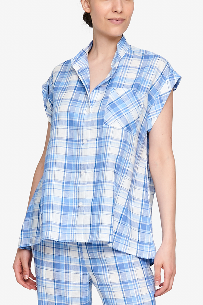 Cuffed Sleeve Shirt Blue Plaid Linen