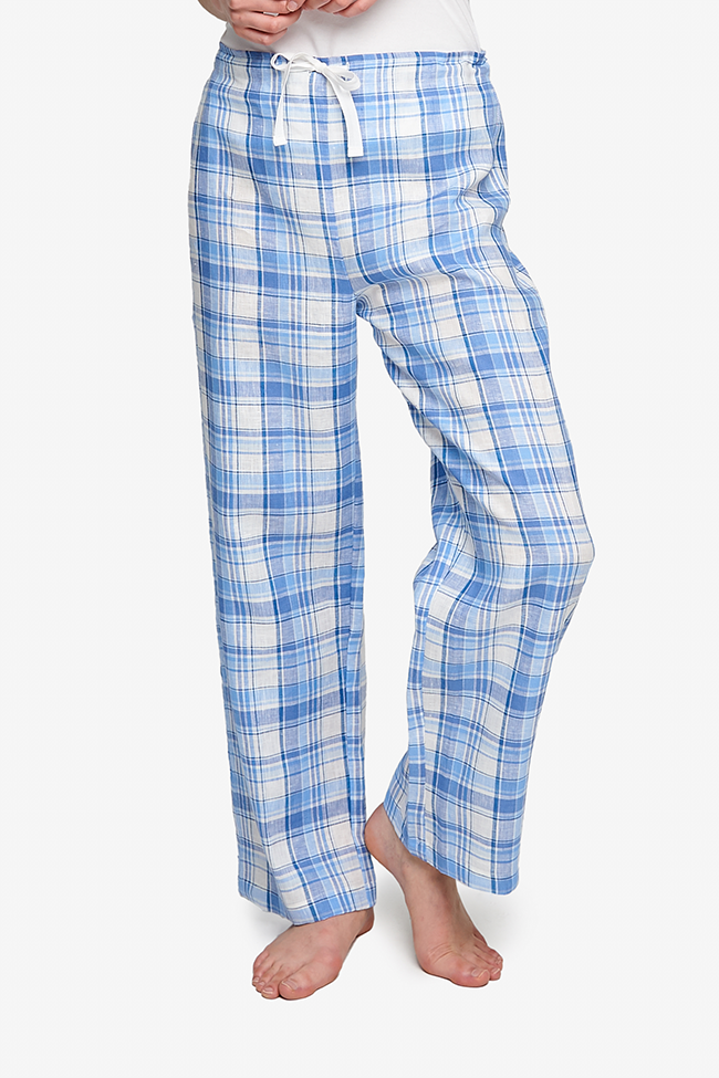 Set - Cuffed Sleep Shirt and Lounge Pant Blue Plaid Linen