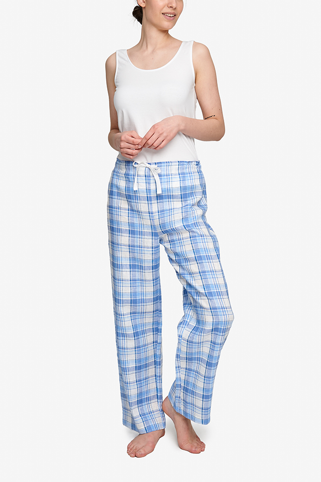 Lounge Pant Blue Plaid Linen