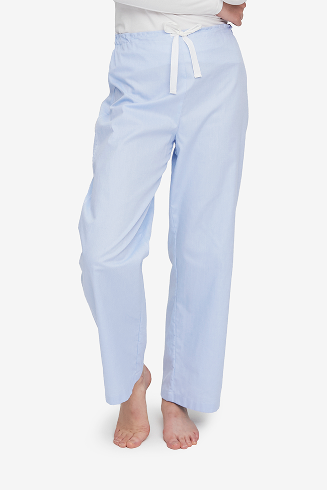 Blue, lightweight cotton pyjama pants with a drawstring front waistband. Wide leg, easy to care for.