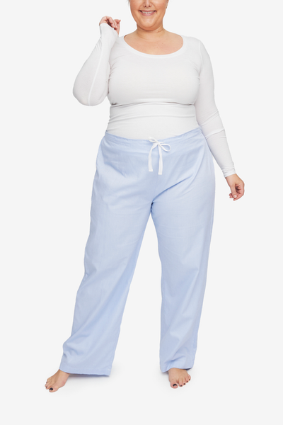 Blue, lightweight cotton pyjama pants with a drawstring front waistband. Wide leg, easy to care for. Now in sizes XS to XXL.