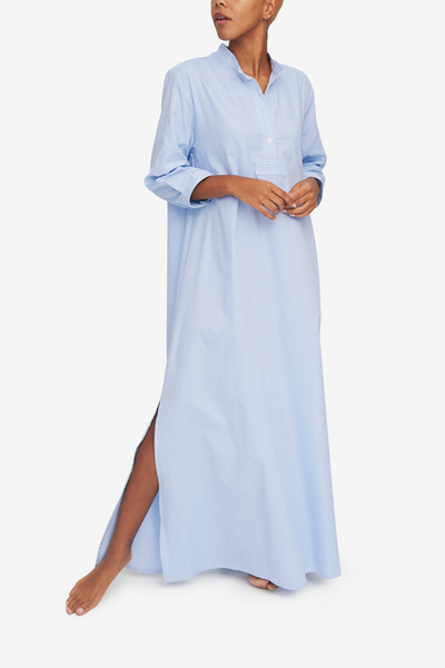 floor length night chemise made from blue royal oxford cotton, lightweight and luxe. Modest sleep and loungewear with a high collar and long sleeves.