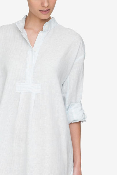 front cropped view classic long sleep shirt blue stripe linen by the Sleep Shirt