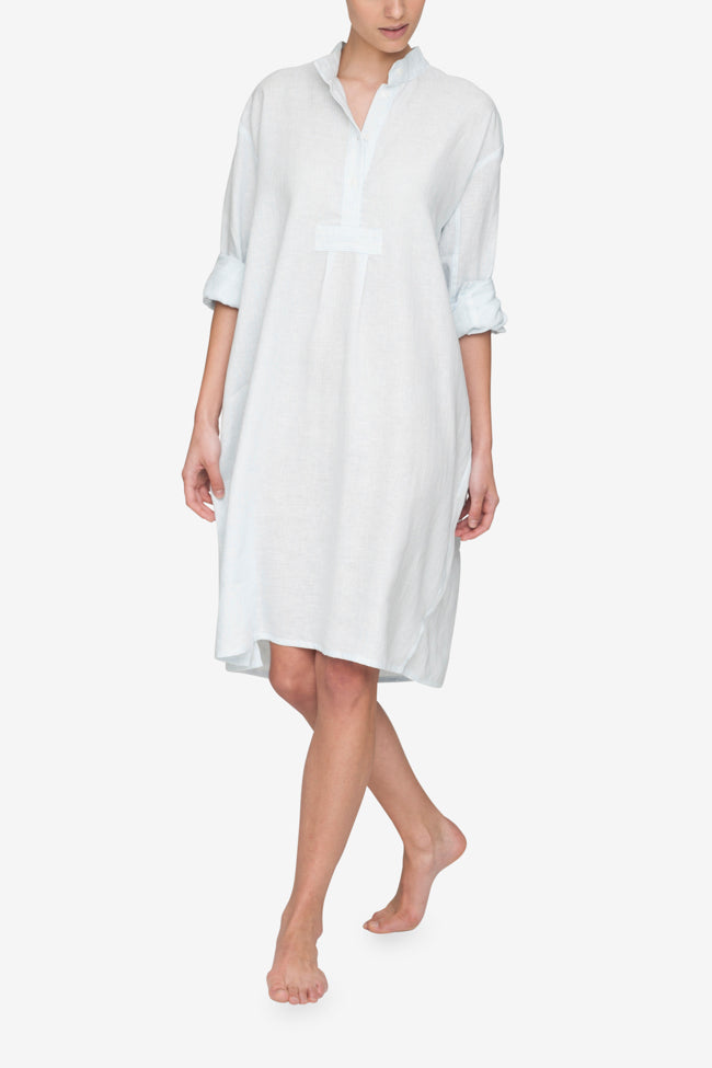 front view classic long sleep shirt blue stripe linen by the Sleep Shirt