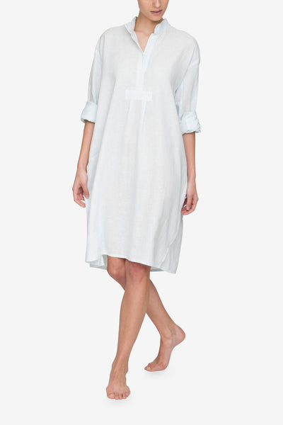 front view classic long sleep shirt blue stripe linen by the Sleep Shirt