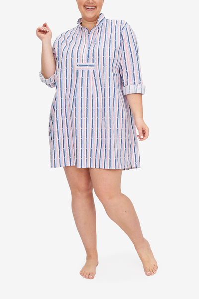 The Blue & Pink trio stripe is fun and flirty, and it makes the Short Sleep Shirt Charlotte is wearing youthful and adorable. 