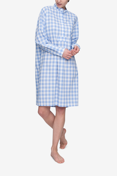 front view classic long sleep shirt blue open plaid cotton by the Sleep Shirt