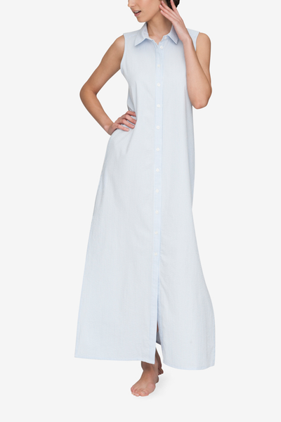 front view of the sleeveless full length seersucker sleep shirt by The Sleep Shirt