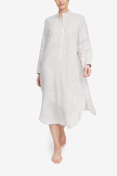 midi length linen nightshirt or swimsuit coverup in a white an brow stripes. 