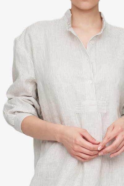 Long Sleep Shirt Brown Pinstripe Linen